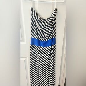 Strapless Black & White Striped Maxi Dress with Royal Blue Waistband
